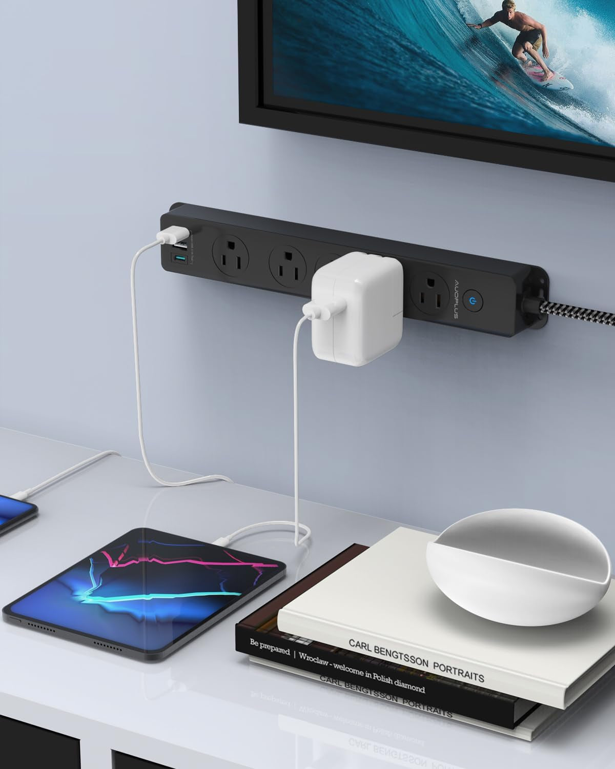 Surge Protector Power Strip with USB-C, 5FT Braided Extension Cord, 5 Outlets and 3 USB Ports (1 USB-C), Mountable Flat Plug Design with Overload Protection for Home, Dorm, and Office Use